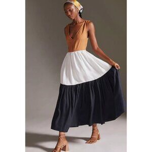 Anthropologie En Saison V-Neck Colorblock Maxi Dress Brown White Navy Medium